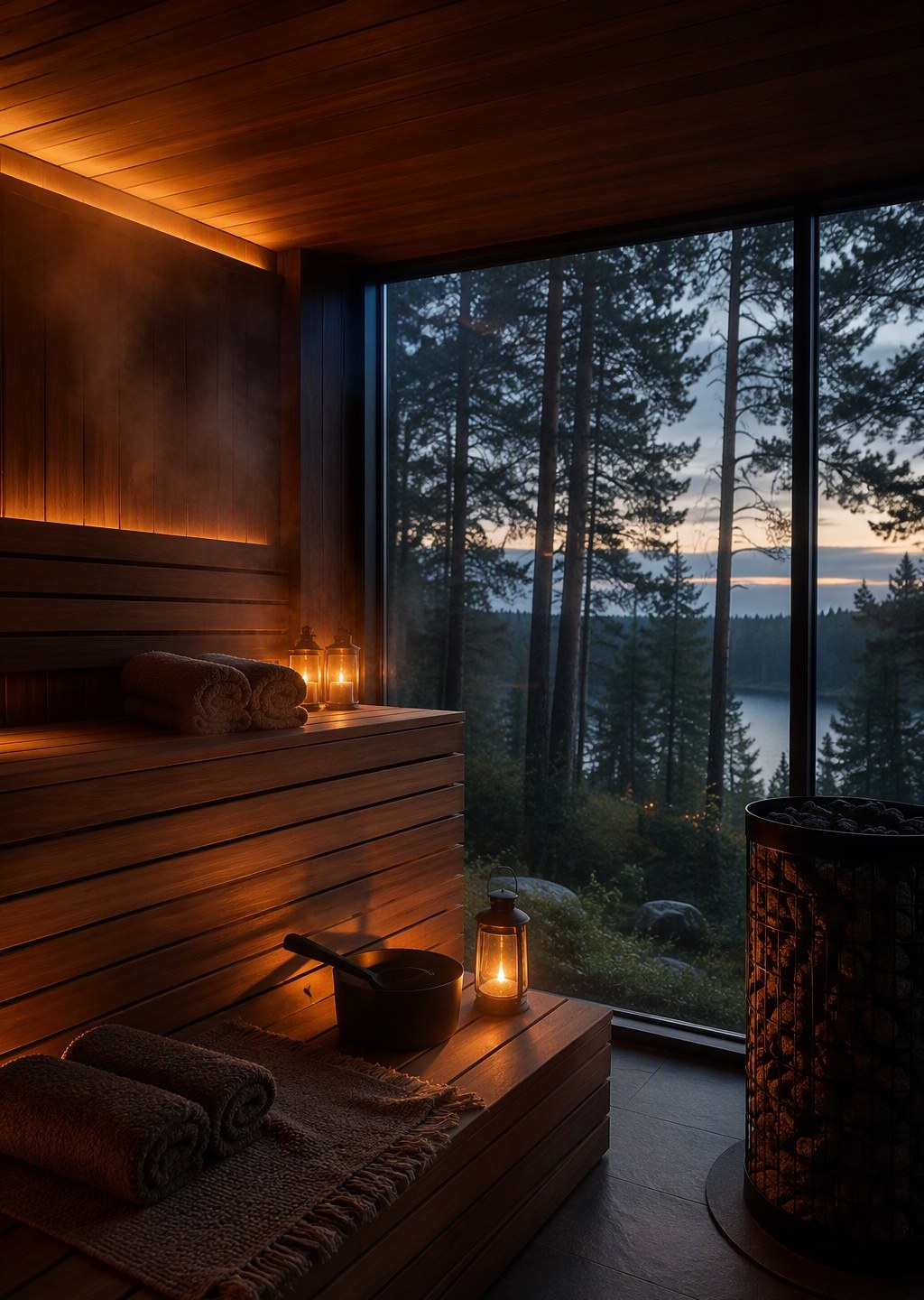 Finse sauna met glaswand op het bos