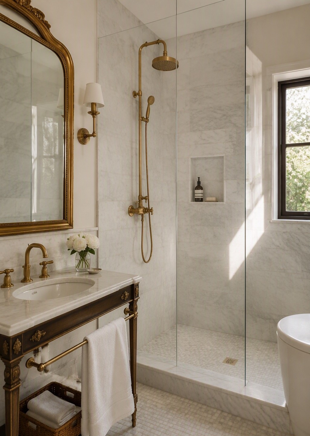 Marmeren badkamer met messing kranen