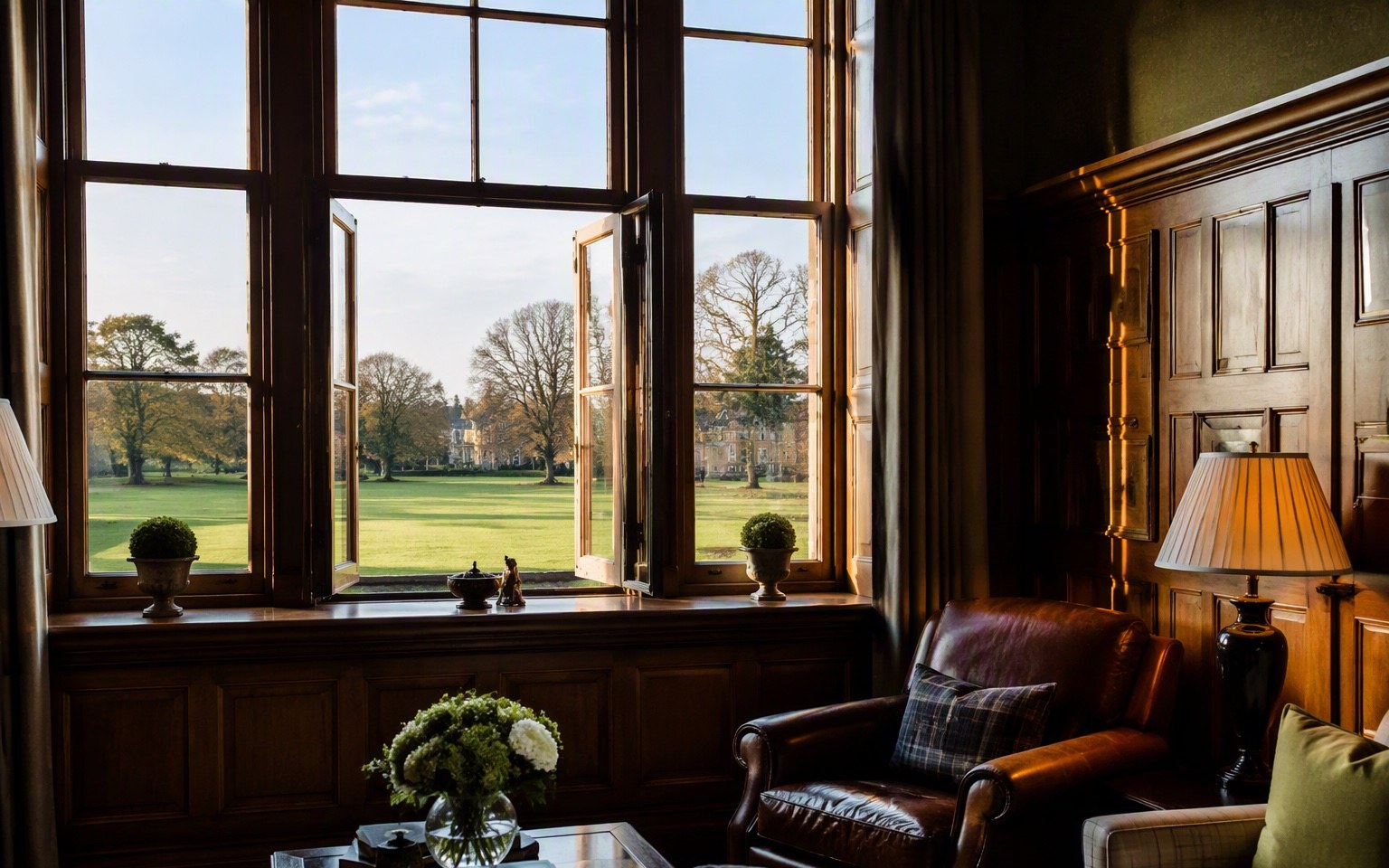 Klassieke kamer met houten lambrisering en uitzicht op een landgoed