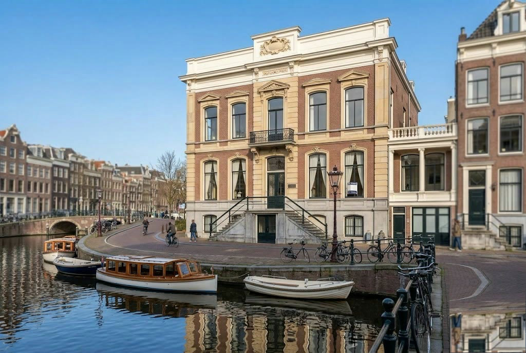 Klassieke kamer met hoge plafonds en ornamenten in een grachtenpand