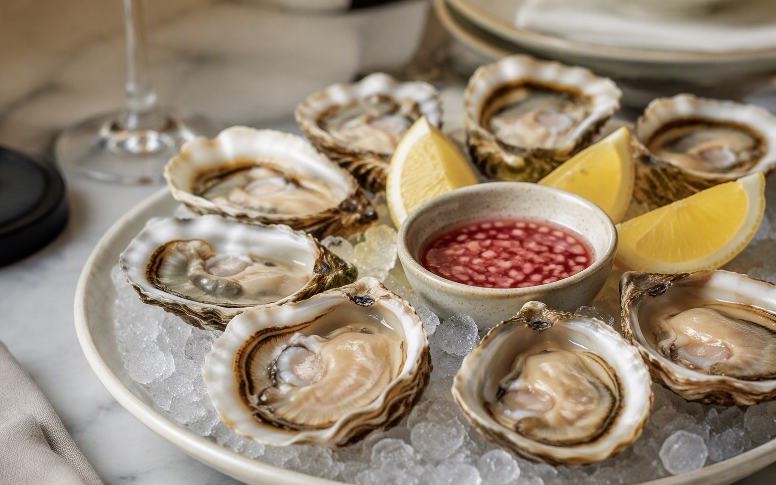 Oesters op ijs met citroen
